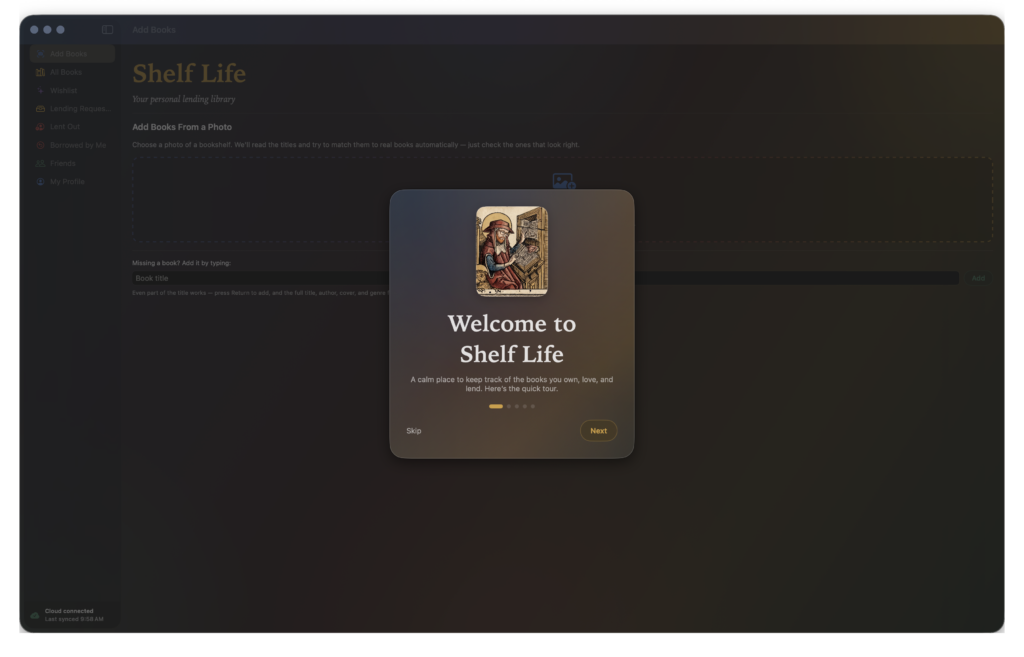 The Shelf Life first-launch welcome screen