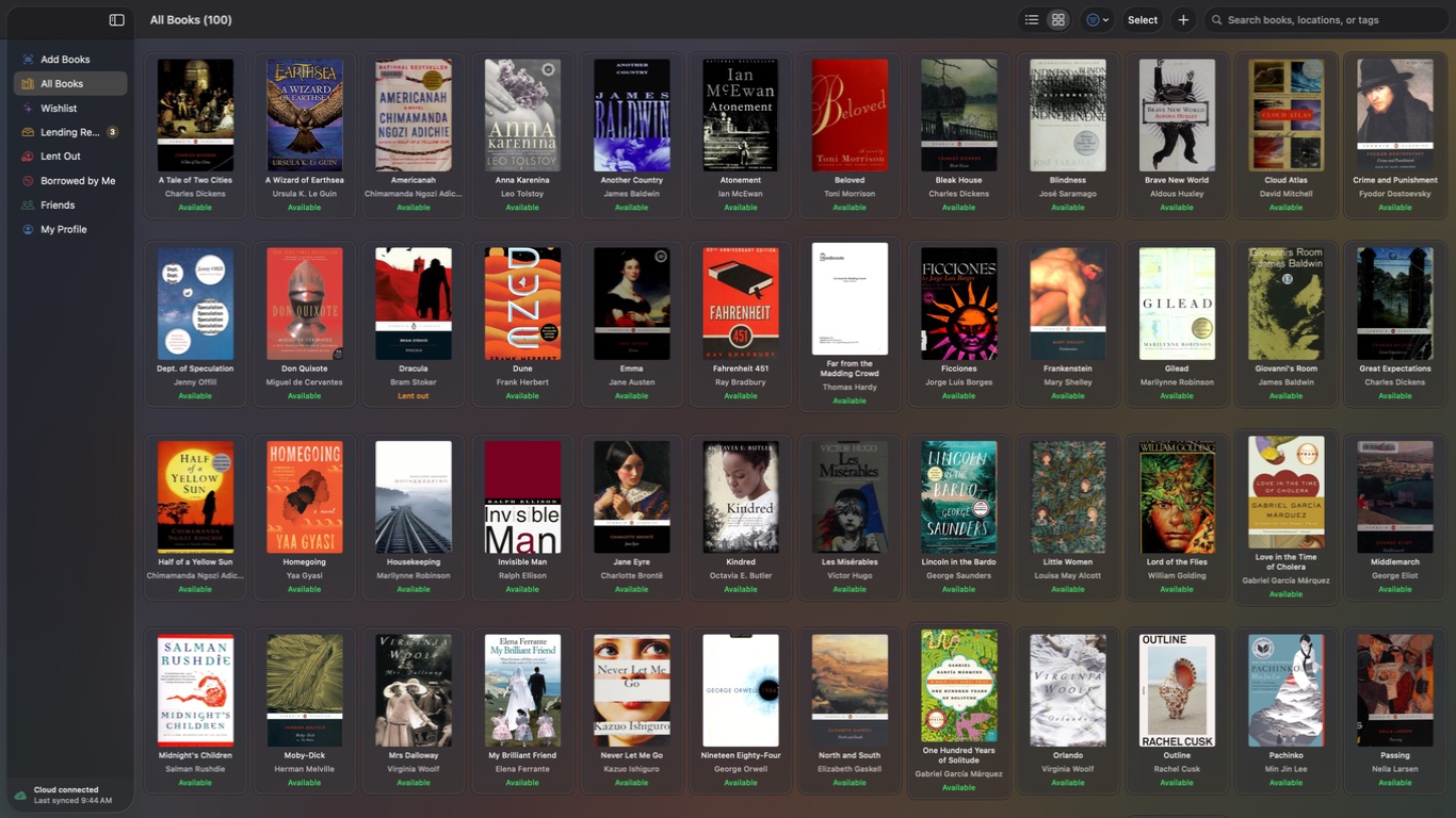 A 100-book library in the Shelf Life Mac app